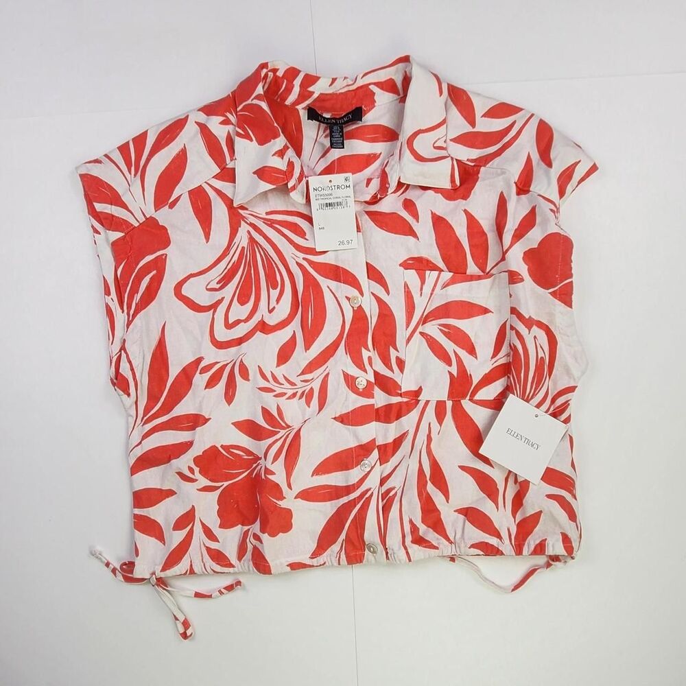 Ellen Tracy Coral Tropical Floral Drawstring Blouse - Size L (NWT)